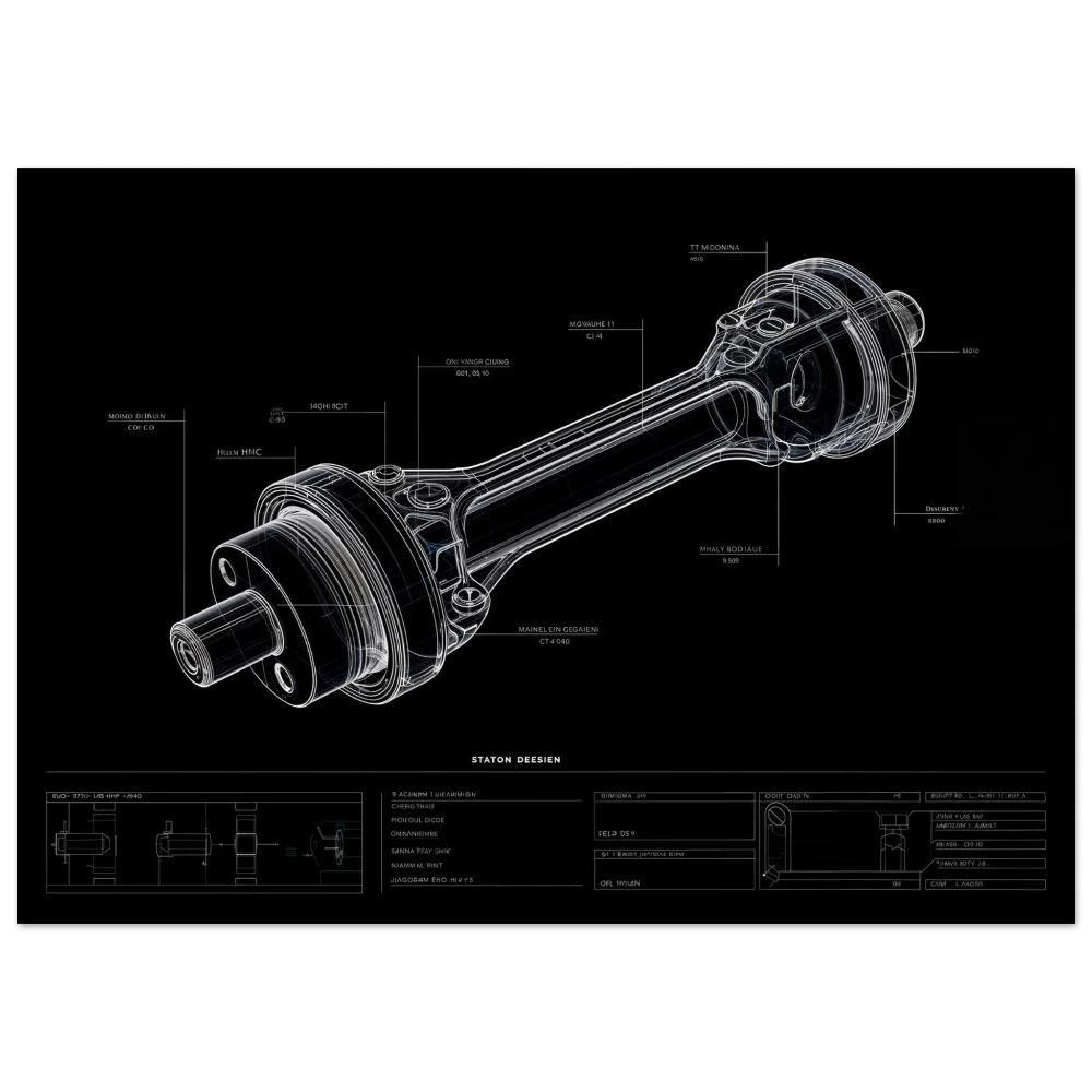 ROTATIONAL HEART R01 technical blueprint, Flat-plane crankshaft assembly engineering art, reciprocating mass and H-beam connecting rod study.