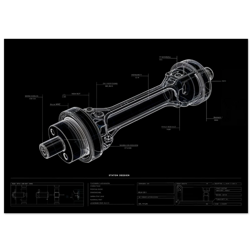 ROTATIONAL HEART R01 technical blueprint, Flat-plane crankshaft assembly engineering art, reciprocating mass and H-beam connecting rod study.