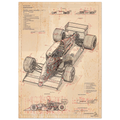 MCLAREN MP4/4 R01 technical blueprint, Honda RA168E V6 twin-turbo engineering art, carbon-fiber monocoque chassis study.