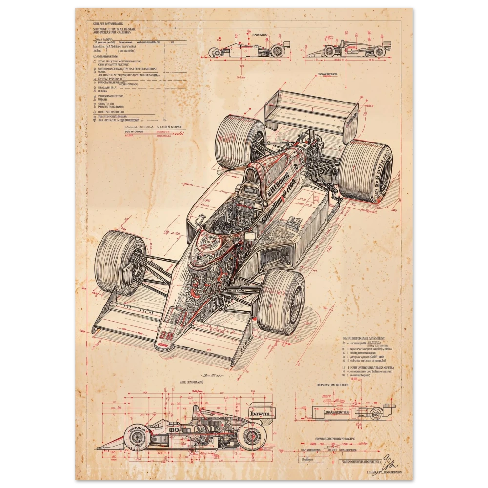 MCLAREN MP4/4 R01 technical blueprint, Honda RA168E V6 twin-turbo engineering art, carbon-fiber monocoque chassis study.