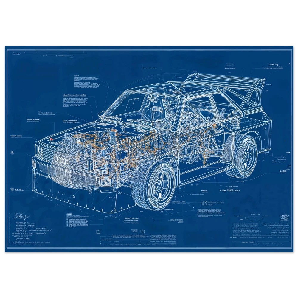 AUDI QUATTRO S1 E2 R01 technical blueprint, Inline-5 turbocharged engine engineering art, rear radiator thermal management study