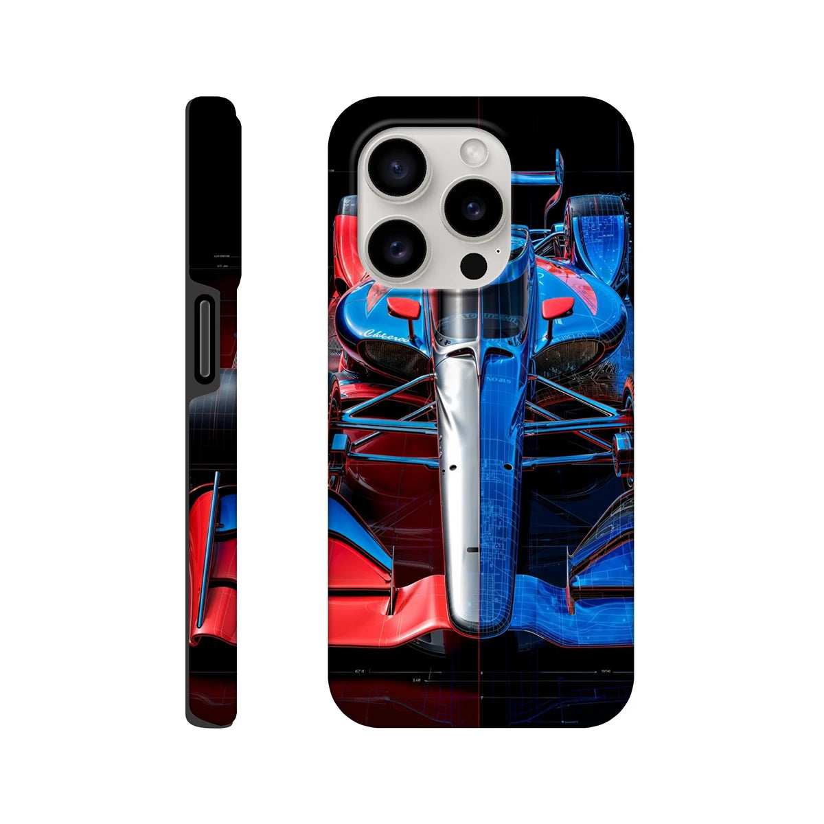 Hybrid technical blueprint of the Dallara IR-18 IndyCar showing the Aeroscreen and internal V6 Twin-Turbo engine schematics on a matte phone case.