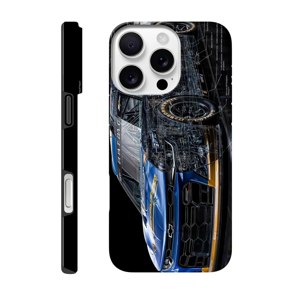 Hybrid technical blueprint of the NASCAR Next Gen car showing the impact-absorbing roll cage and internal 5.8L V8 engine schematics on a matte tough phone case.