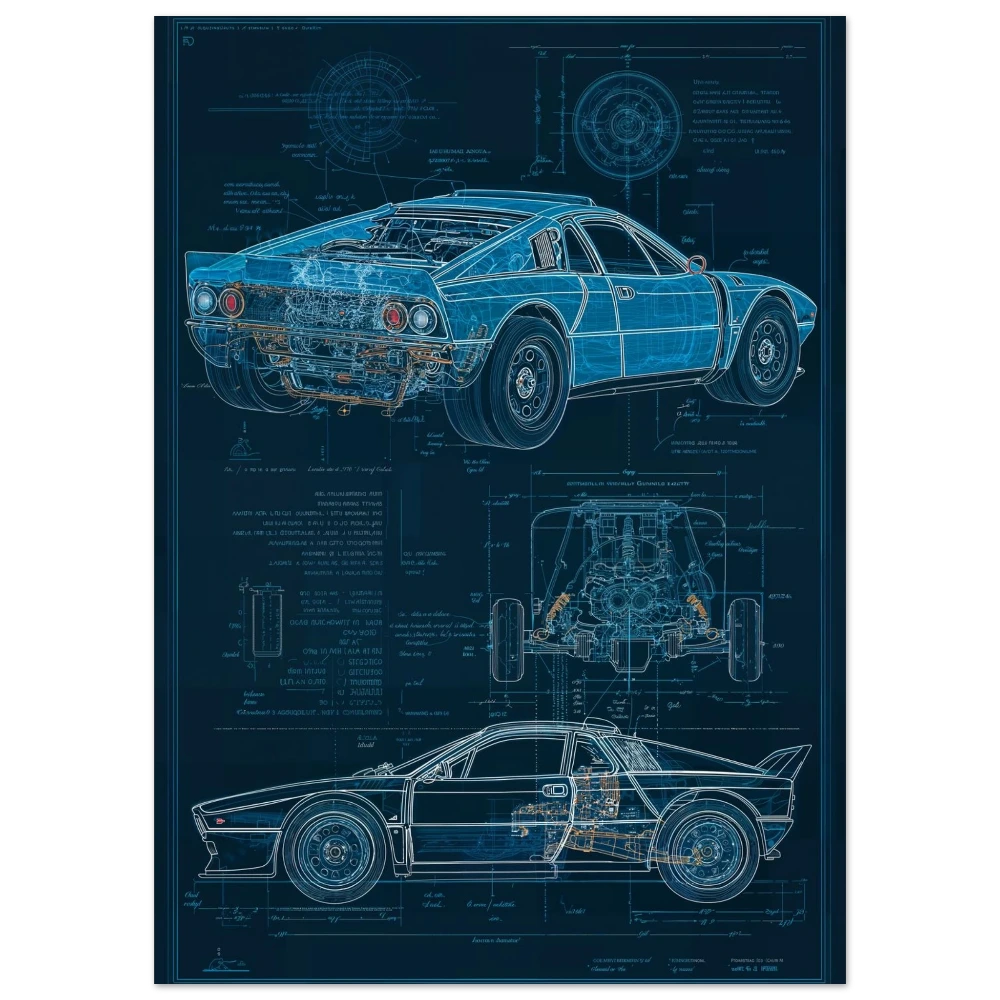 LANCIA 037 R01 technical blueprint, dual shock absorber suspension engineering art, Abarth 232 AR4 chassis study