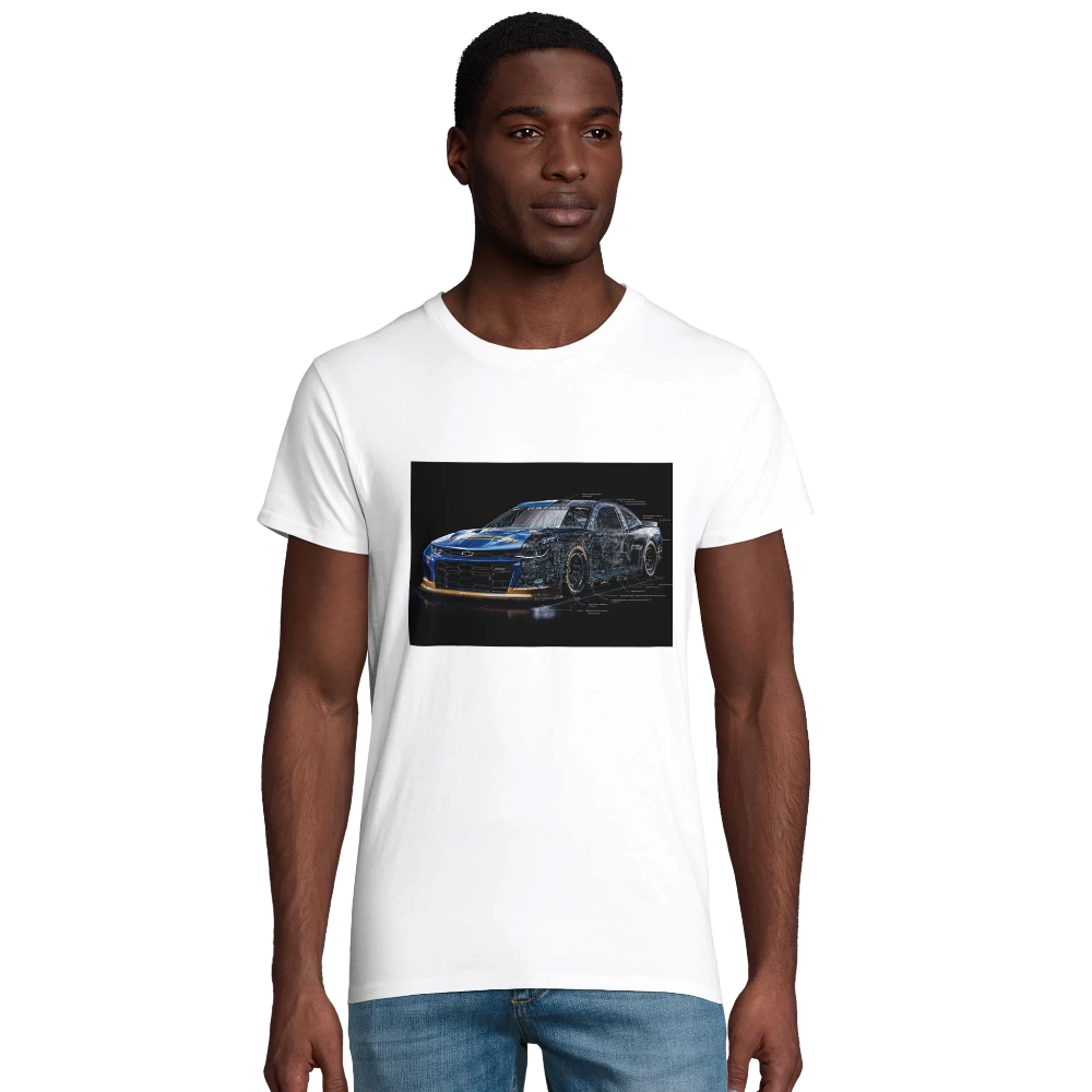 Frontal view of a technical tee showing the NASCAR Next Gen hybrid artwork with internal roll cage and V8 engine schematics.