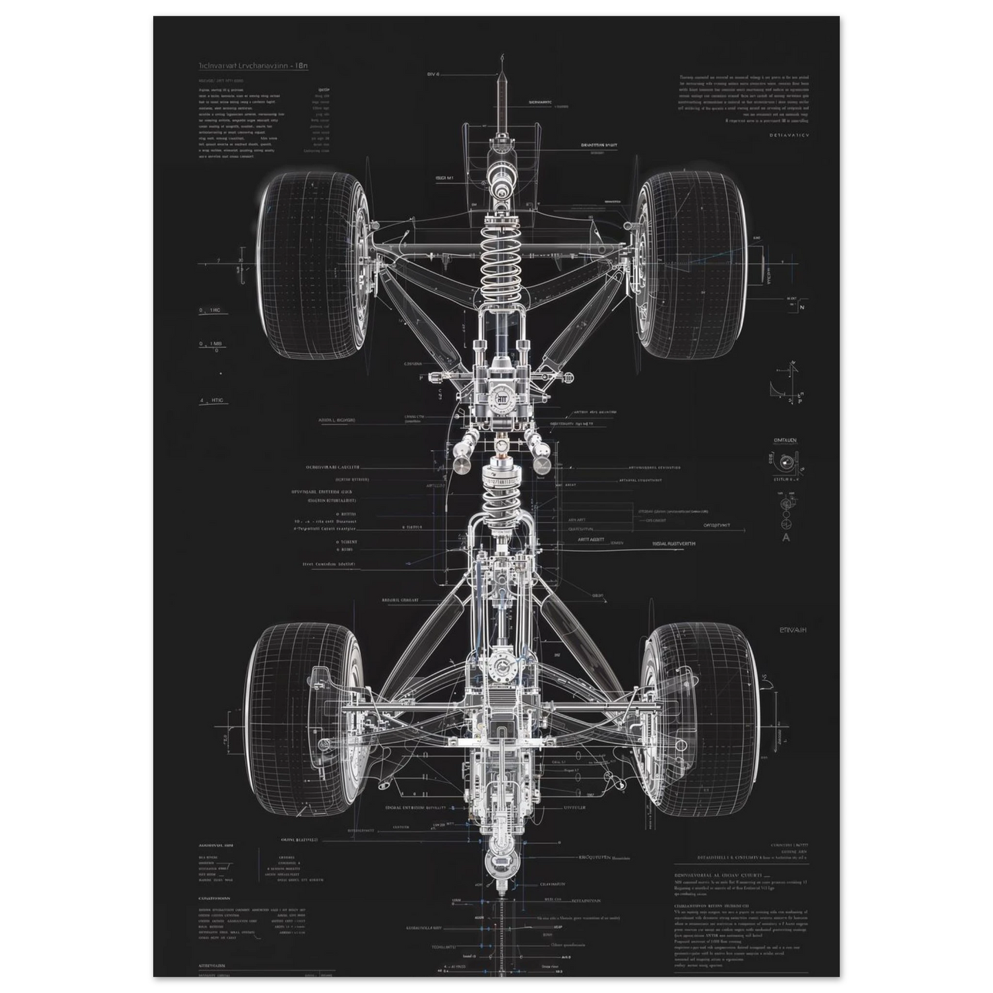 Front suspension double wishbone geometry diagram, technical blueprint showing kinematics and control arms, engineering decor.