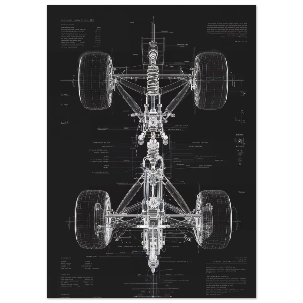 Front suspension double wishbone geometry diagram, technical blueprint showing kinematics and control arms, engineering decor.