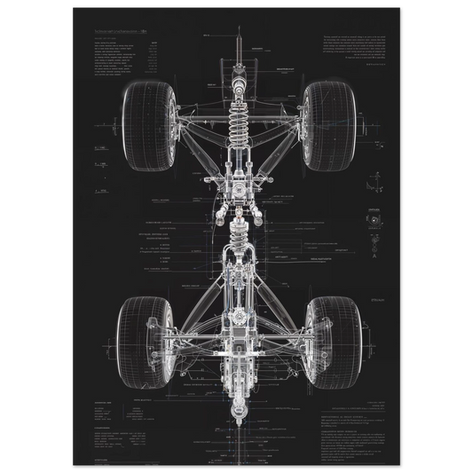 Front suspension double wishbone geometry diagram, technical blueprint showing kinematics and control arms, engineering decor.