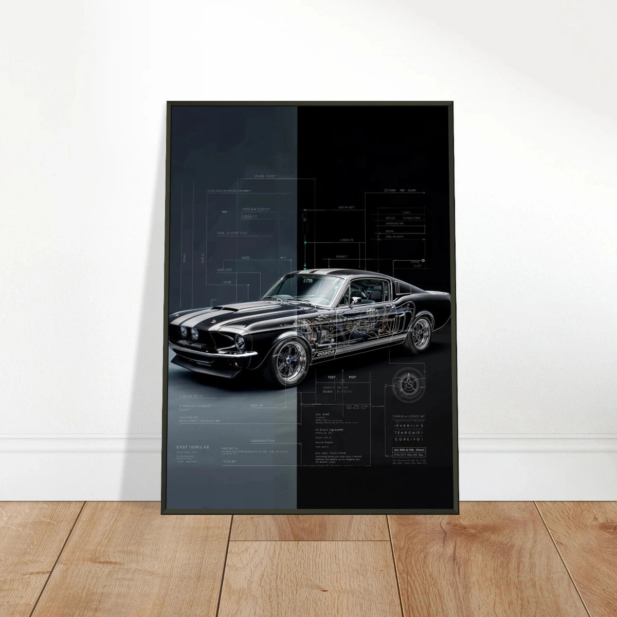 MUSTANG FASTBACK R01 framed blueprint, 1967 Mustang 428 Cobra Jet V8 art, American Muscle framed technical study.