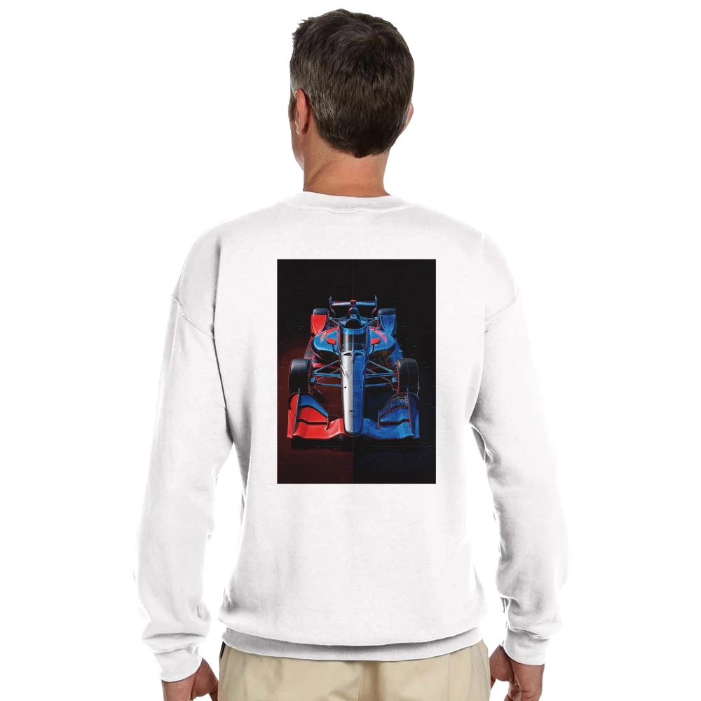 Back view of a black studio sweatshirt showing the IndyCar IR-18 hybrid artwork, highlighting the Aeroscreen and V6 Twin-Turbo engine schematics.