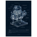 Mechanical diagram of a dry sump lubrication system, oil flow and engine cooling technical blueprint, racing engine components.