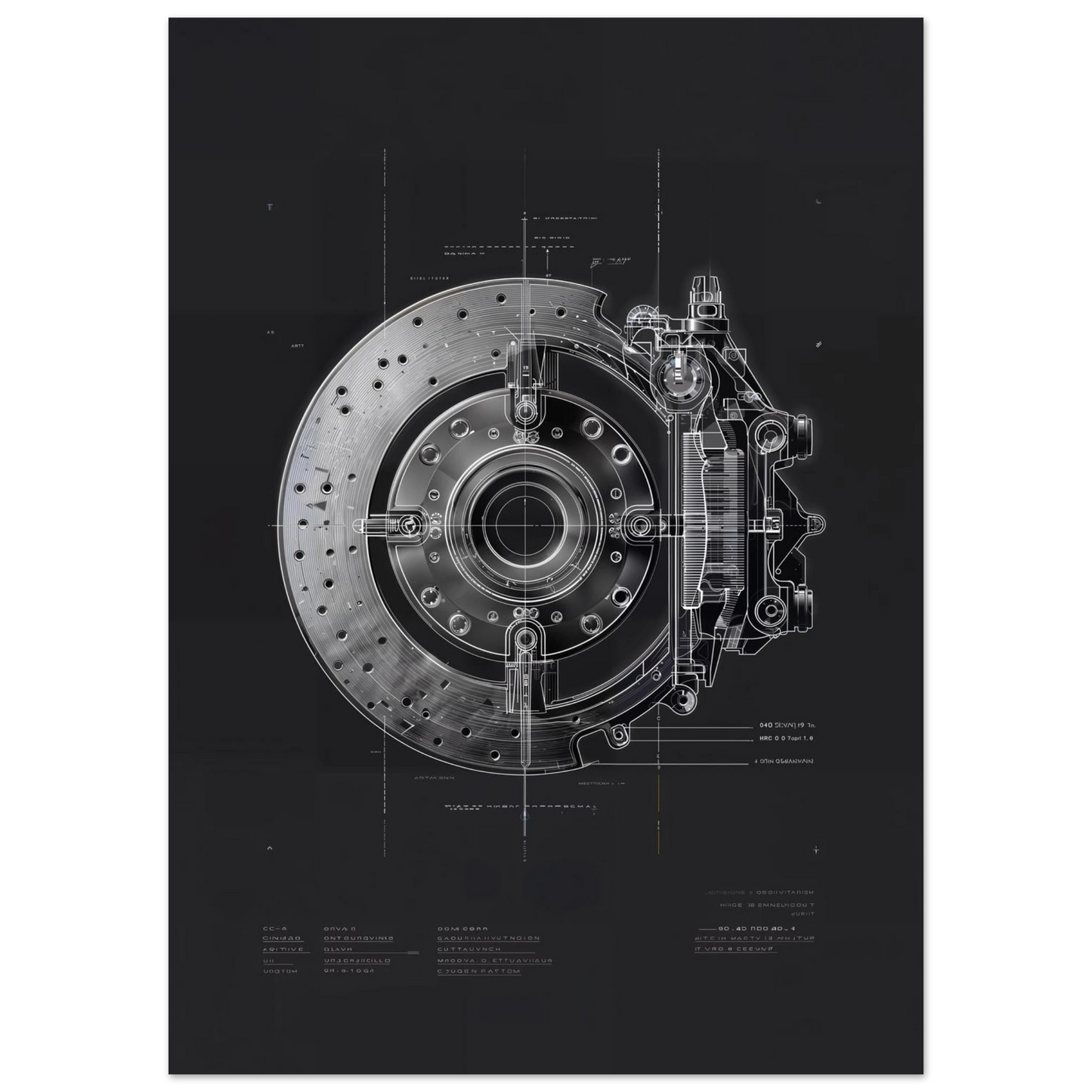 Cross-section of a carbon ceramic braking system, thermal friction and brake disc engineering blueprint, high-performance car parts art.