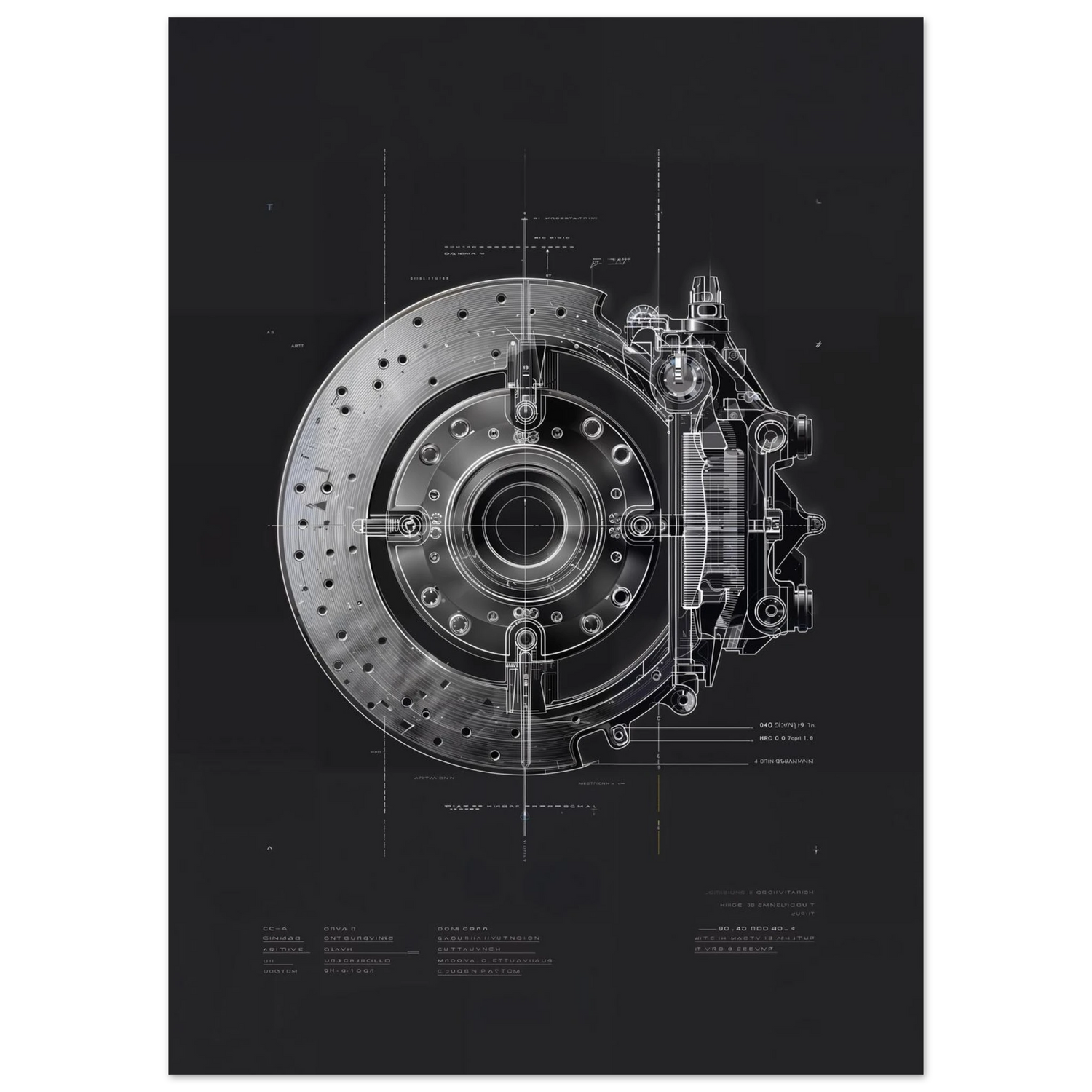Cross-section of a carbon ceramic braking system, thermal friction and brake disc engineering blueprint, high-performance car parts art.