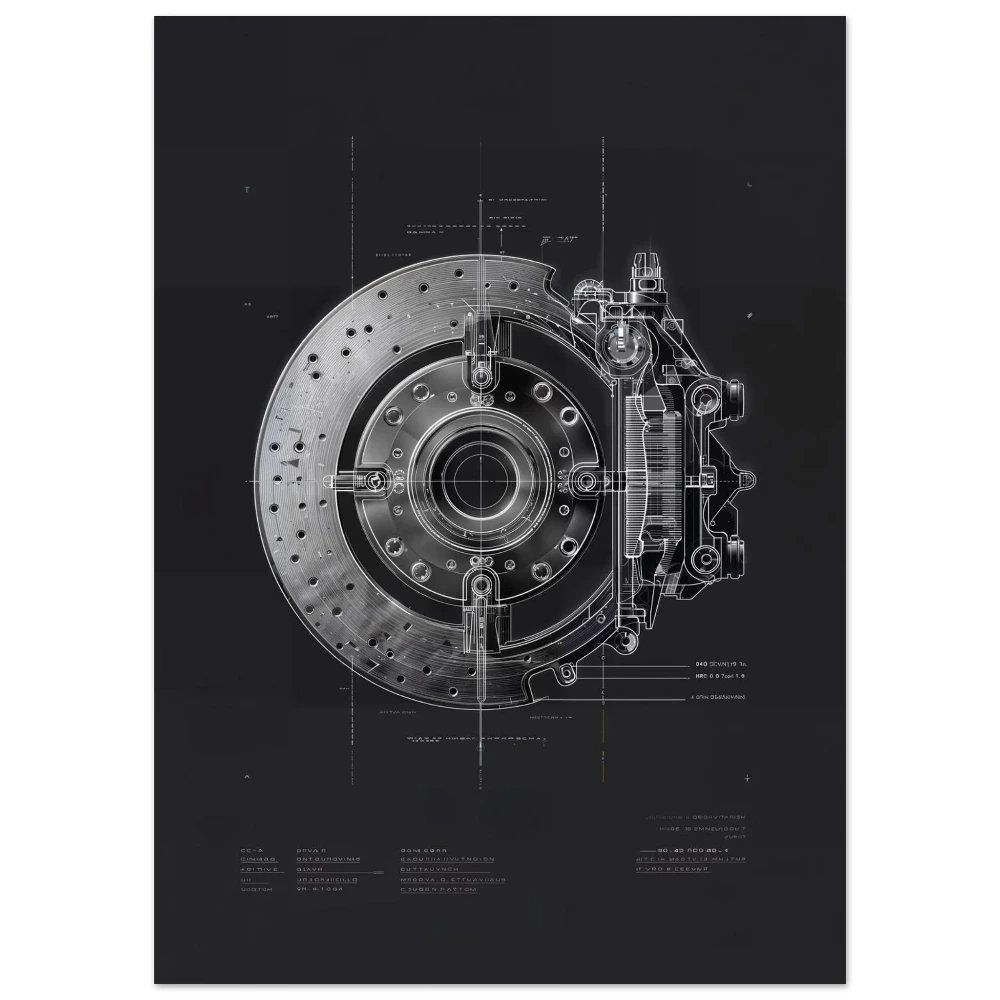 Cross-section of a carbon ceramic braking system, thermal friction and brake disc engineering blueprint, high-performance car parts art.