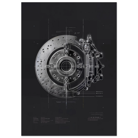 Cross-section of a carbon ceramic braking system, thermal friction and brake disc engineering blueprint, high-performance car parts art.
