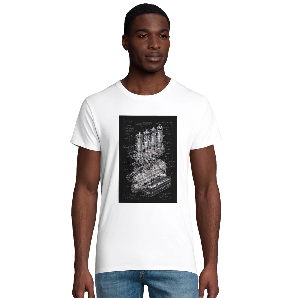 Technical drawing of a DOHC valvetrain showing titanium valves and camshaft geometry on a charcoal grey t-shirt.