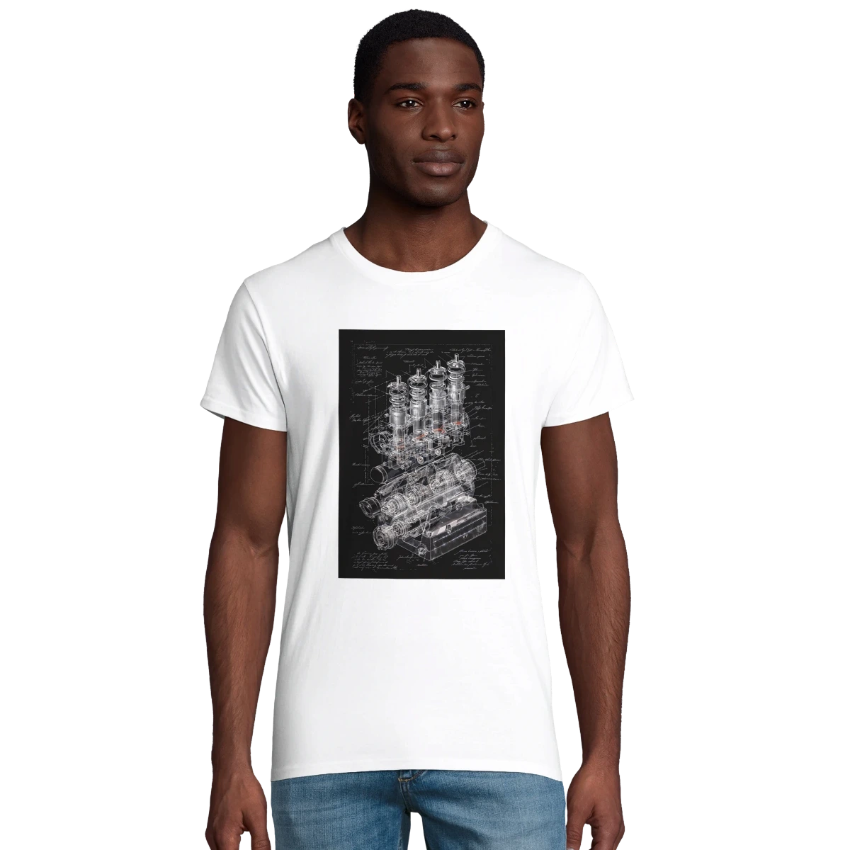 Technical drawing of a DOHC valvetrain showing titanium valves and camshaft geometry on a charcoal grey t-shirt.