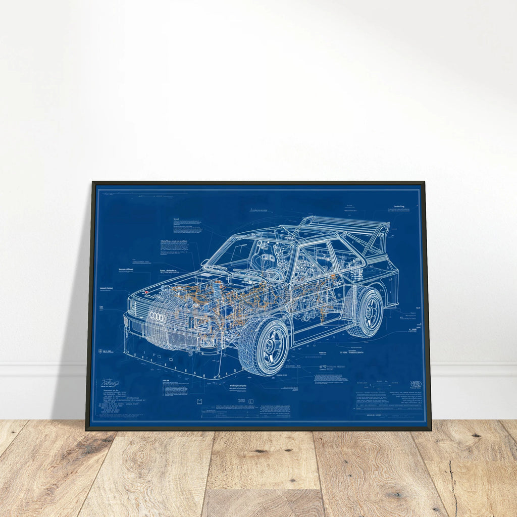AUDI QUATTRO S1 E2 R01 technical blueprint, Audi Quattro S1 E2 Group B engineering art, Inline-5 turbocharged engine study