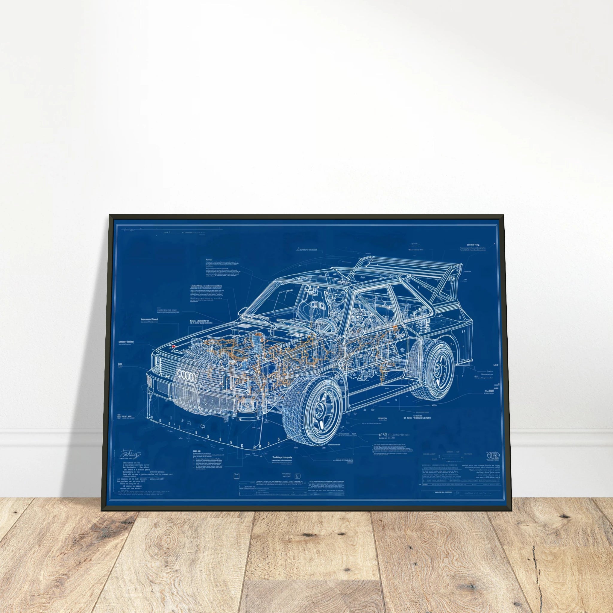 AUDI QUATTRO S1 E2 R01 technical blueprint, Audi Quattro S1 E2 Group B engineering art, Inline-5 turbocharged engine study