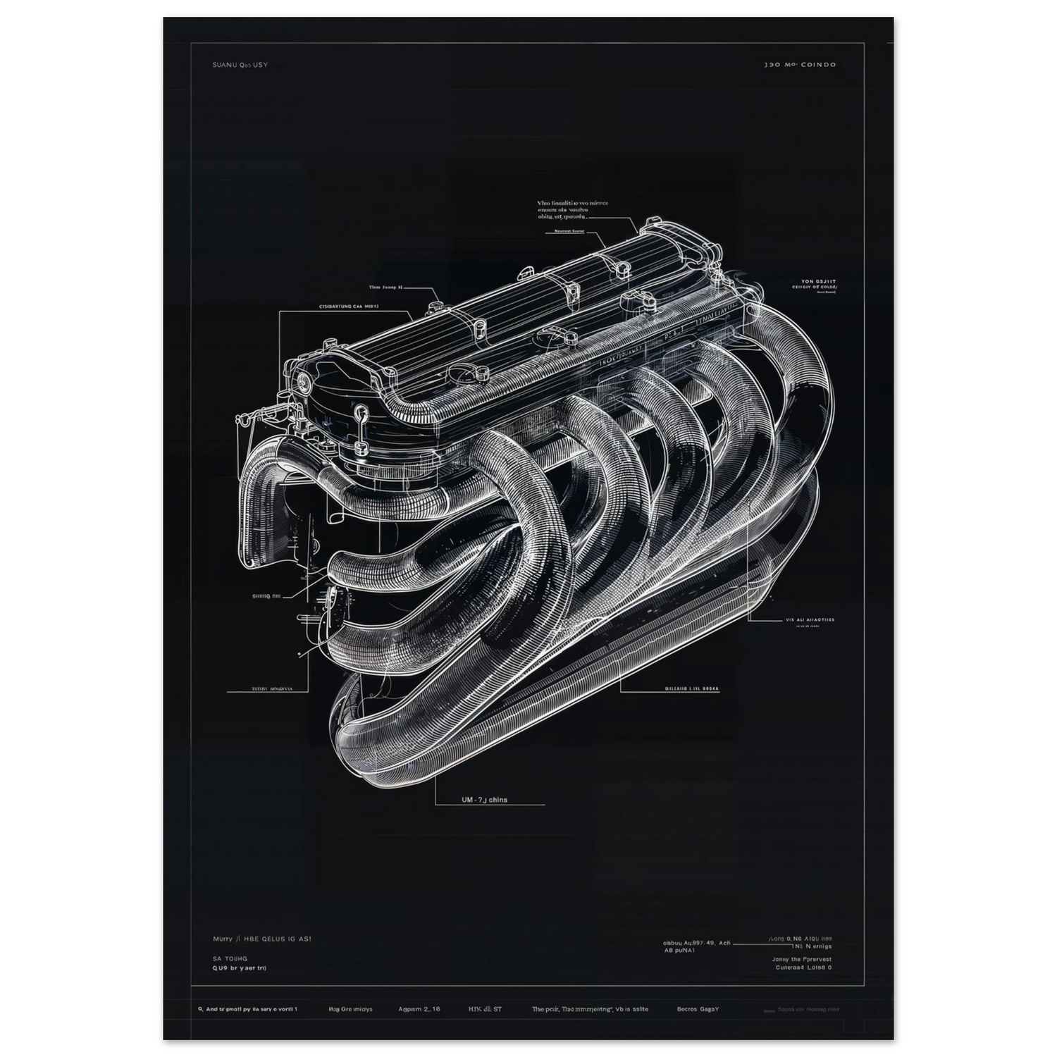 SONIC PULSE R01 technical blueprint, 6-into-1 Inconel 625 exhaust manifold architecture, equal-length headers engineering art.