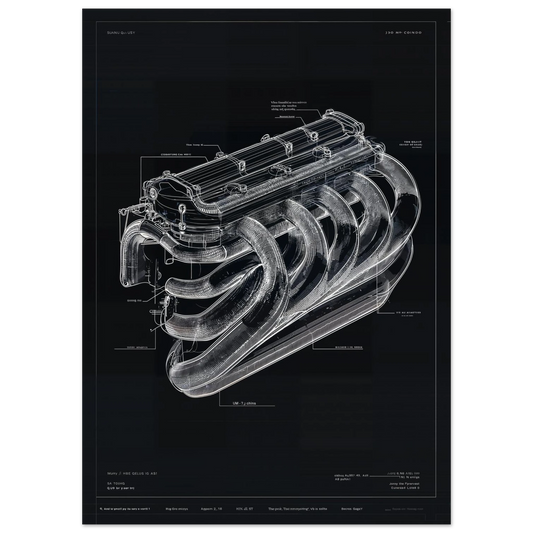 SONIC PULSE R01 technical blueprint, 6-into-1 Inconel 625 exhaust manifold architecture, equal-length headers engineering art.