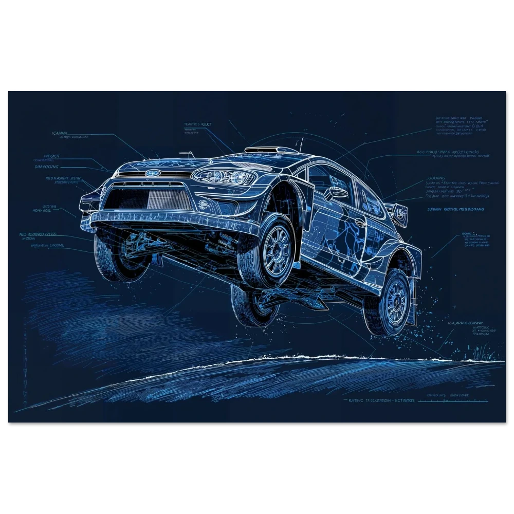 Technical drawing of WRC rally suspension kinematics, blueprint style on white paper, museum-grade engineering art.