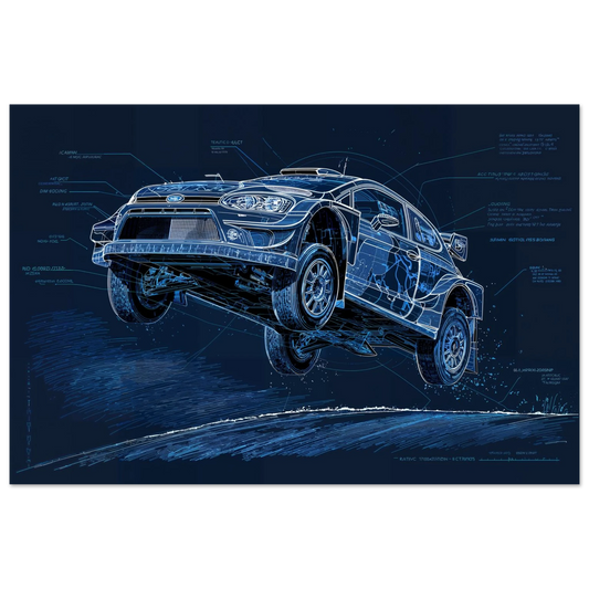 Technical drawing of WRC rally suspension kinematics, blueprint style on white paper, museum-grade engineering art.