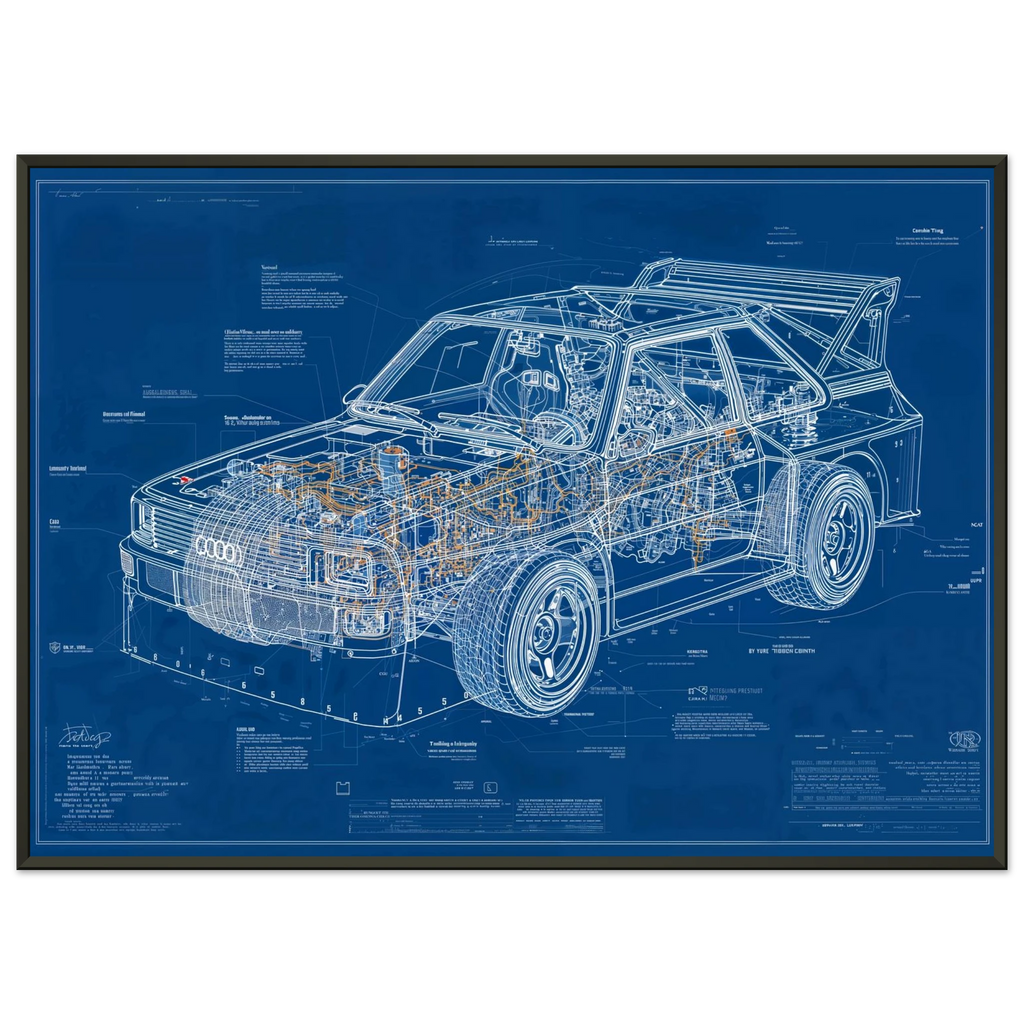 AUDI QUATTRO S1 E2 R01 technical blueprint, Audi Quattro S1 E2 Group B engineering art, Inline-5 turbocharged engine study