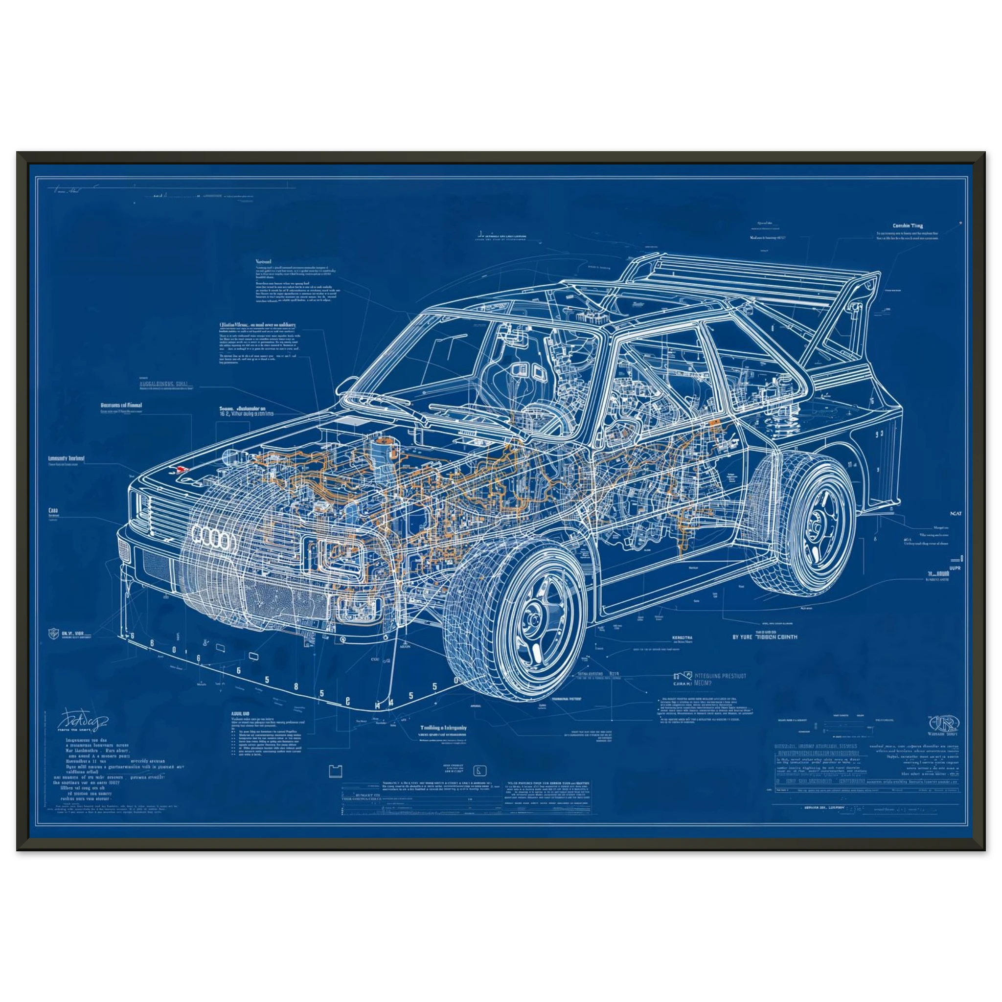 AUDI QUATTRO S1 E2 R01 technical blueprint, Audi Quattro S1 E2 Group B engineering art, Inline-5 turbocharged engine study