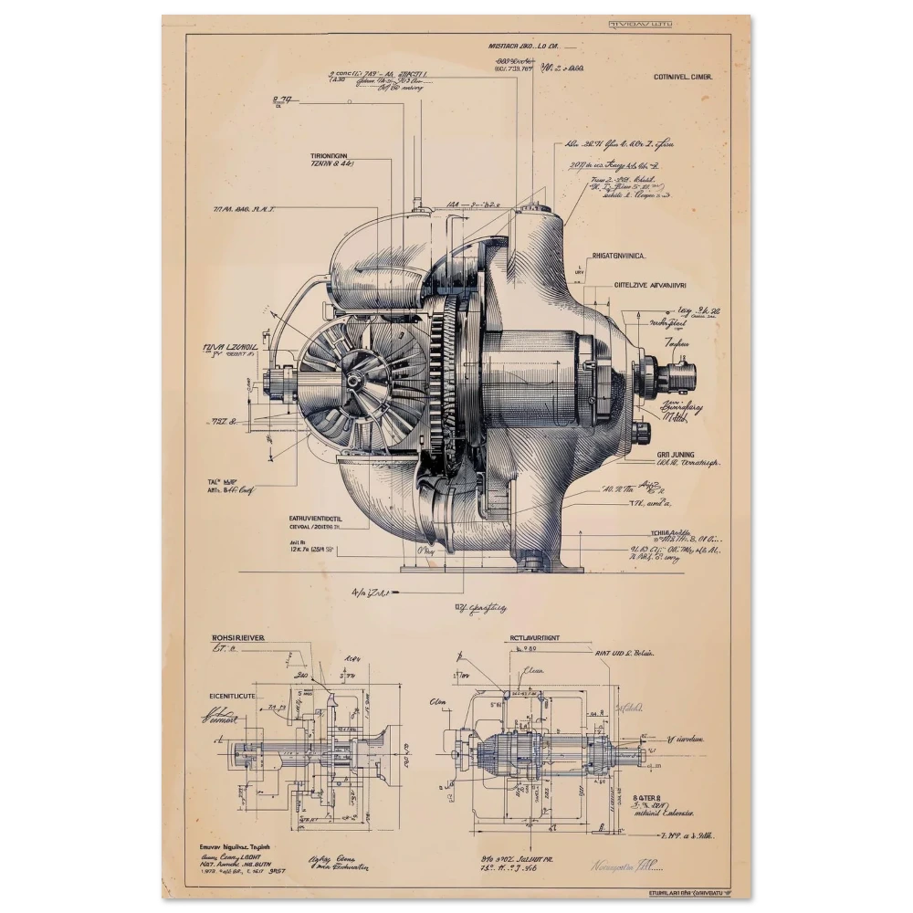 Engineering cutaway of a Group B rally turbocharger, detailed mechanical schematic, vintage motorsport technical art.