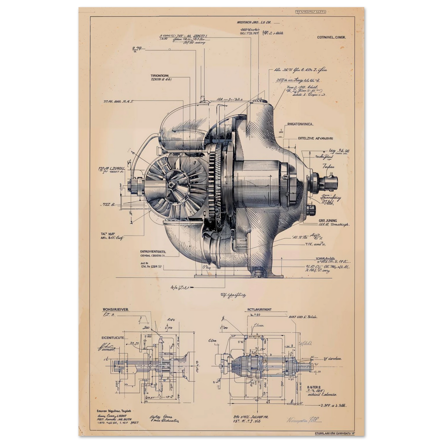 Engineering cutaway of a Group B rally turbocharger, detailed mechanical schematic, vintage motorsport technical art.