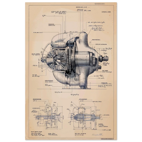 Engineering cutaway of a Group B rally turbocharger, detailed mechanical schematic, vintage motorsport technical art.