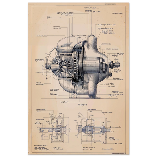 Engineering cutaway of a Group B rally turbocharger, detailed mechanical schematic, vintage motorsport technical art.