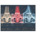 Three-panel chromatic study of F1-2000 chassis and engine architecture, technical spectrum engineering art, minimalist racing poster.