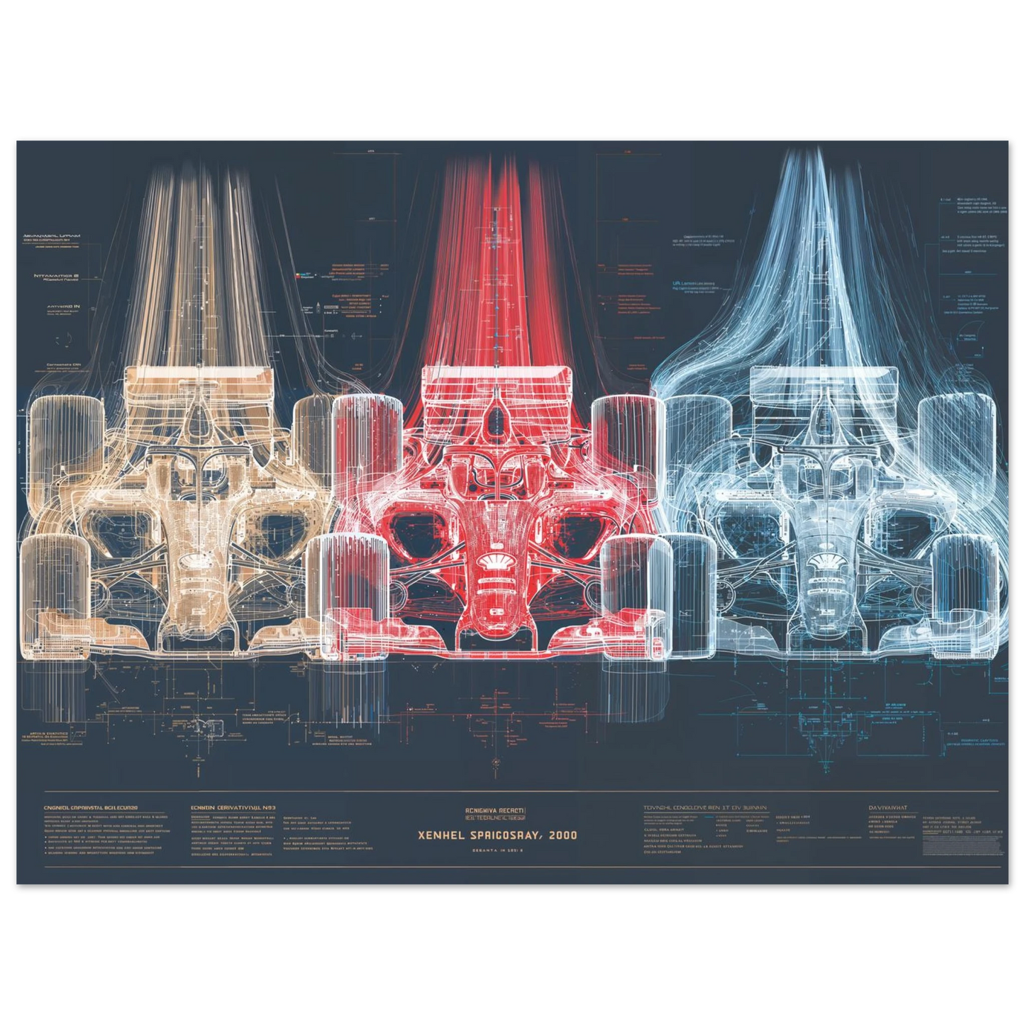 Three-panel chromatic study of F1-2000 chassis and engine architecture, technical spectrum engineering art, minimalist racing poster.