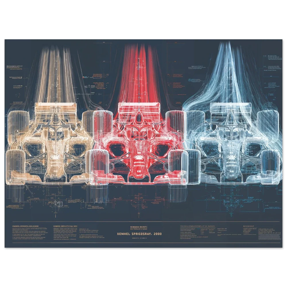 Three-panel chromatic study of F1-2000 chassis and engine architecture, technical spectrum engineering art, minimalist racing poster.