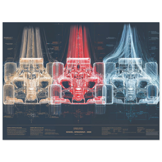 Three-panel chromatic study of F1-2000 chassis and engine architecture, technical spectrum engineering art, minimalist racing poster.