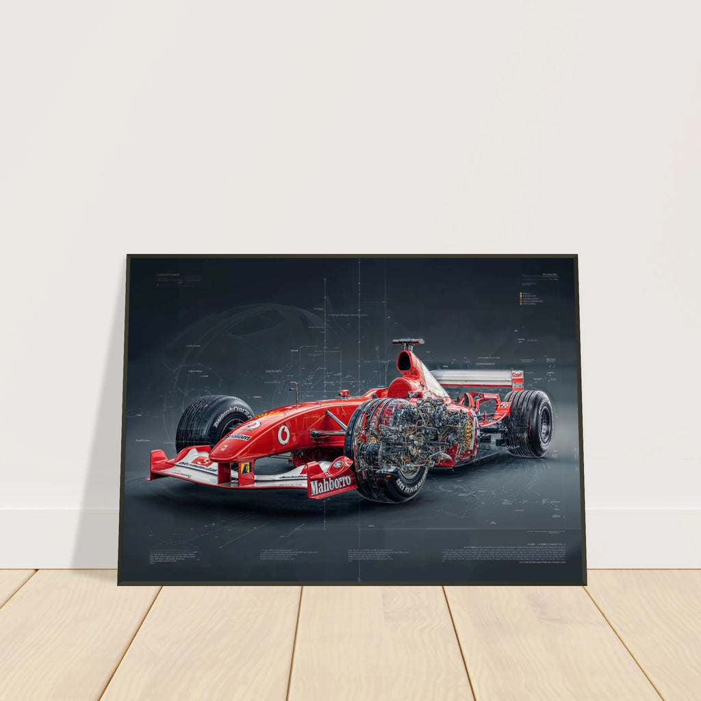 FERRARI F2002 R01 framed technical blueprint, Tipo 051 V10 engine art, F1 Scuderia chassis study in black frame.