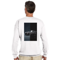 Back view of a professional sweatshirt showing the 1967 Mustang Fastback hybrid artwork with V8 Cobra Jet engine and chassis schematics.