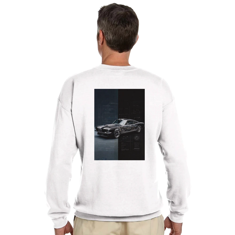 Back view of a professional sweatshirt showing the 1967 Mustang Fastback hybrid artwork with V8 Cobra Jet engine and chassis schematics.