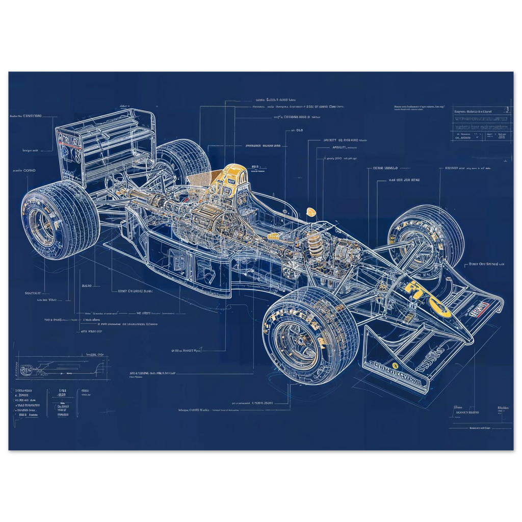 WILLIAMS FW14B R01 technical blueprint, active suspension engineering art, Renault RS4 V10 powertrain study.