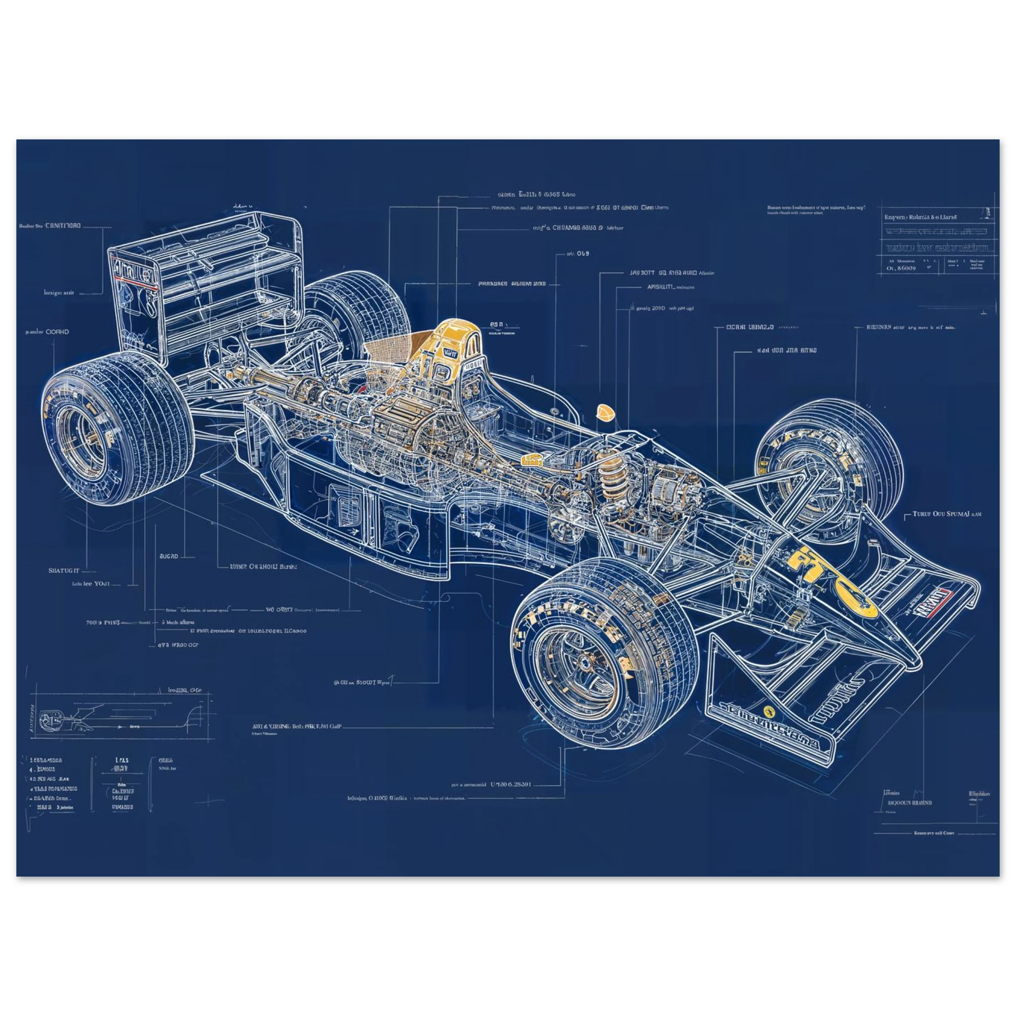 WILLIAMS FW14B R01 technical blueprint, active suspension engineering art, Renault RS4 V10 powertrain study.