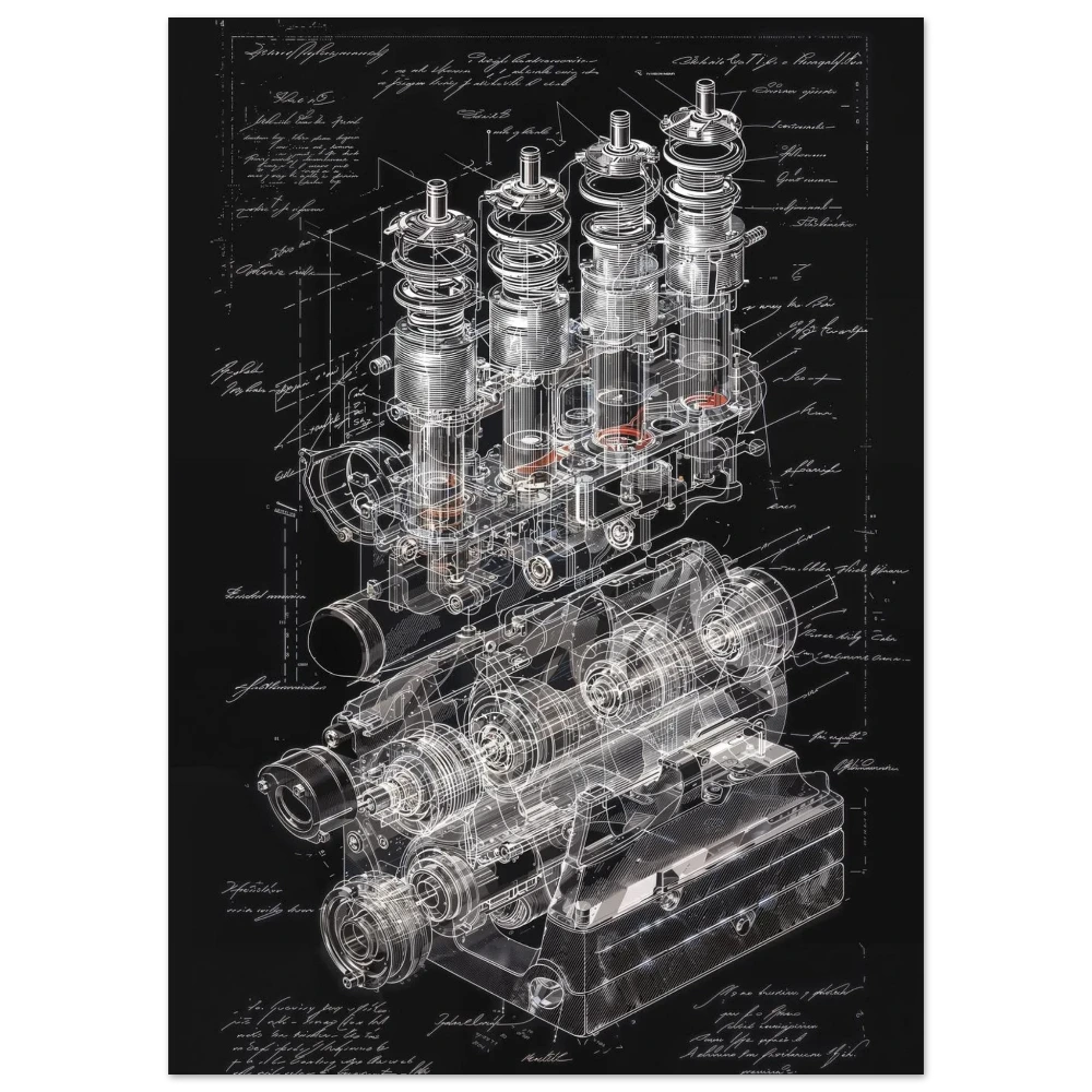 Technical schematic of a high-RPM valvetrain system, internal combustion engine architecture blueprint, mechanical engineering design.