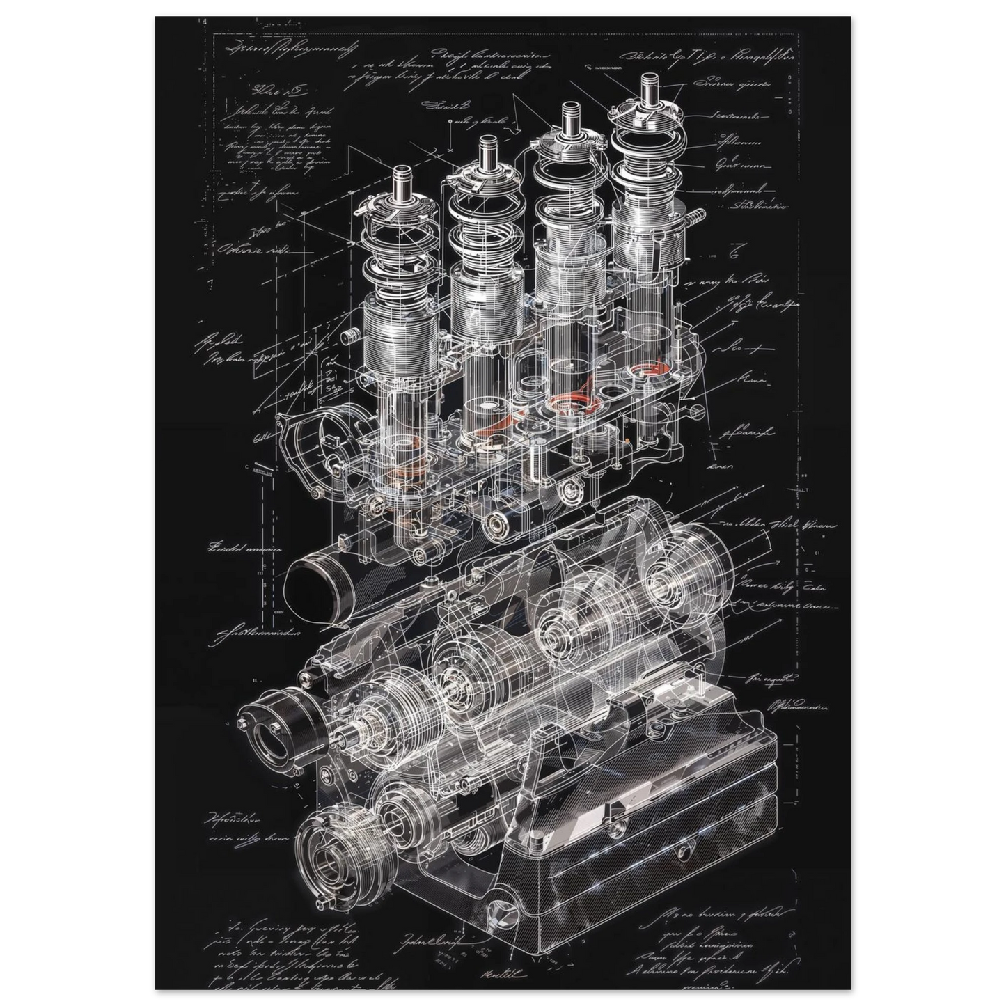 Technical schematic of a high-RPM valvetrain system, internal combustion engine architecture blueprint, mechanical engineering design.