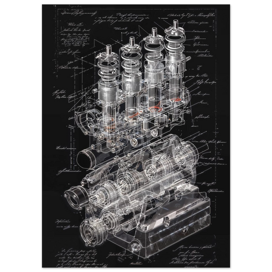 Technical schematic of a high-RPM valvetrain system, internal combustion engine architecture blueprint, mechanical engineering design.