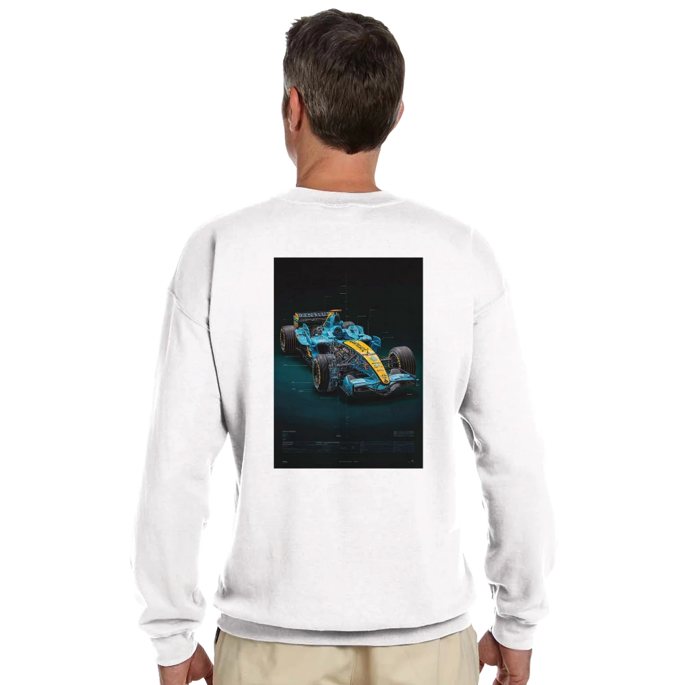 Back view of a professional sweatshirt showing the Renault R26 hybrid artwork with V8 engine schematics and Schumacher-era stabilization technology.